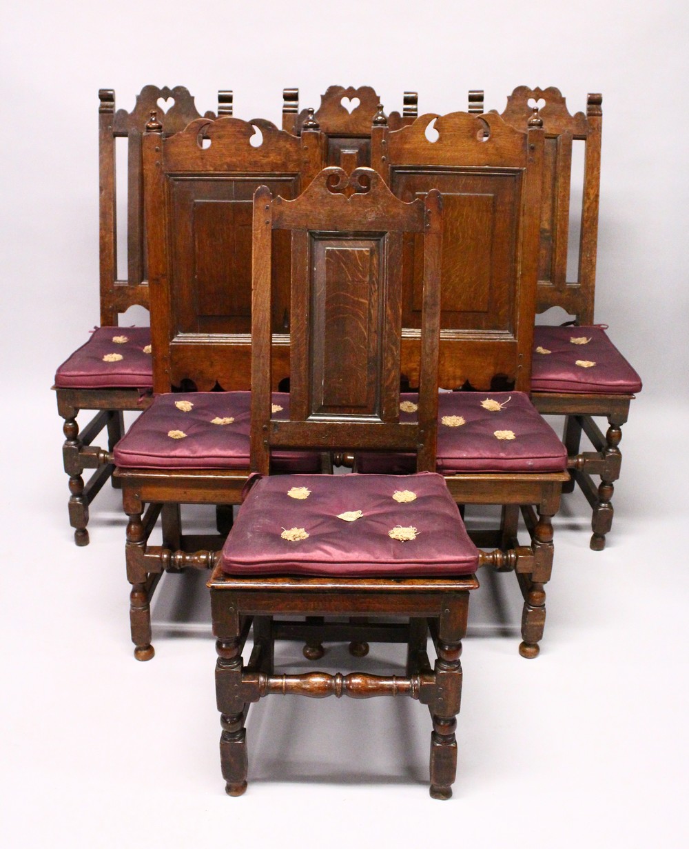 A COMPOSITE SET OF SIX 18TH CENTURY OAK YORKSHIRE CHAIRS, with high solid backs and seats, turned