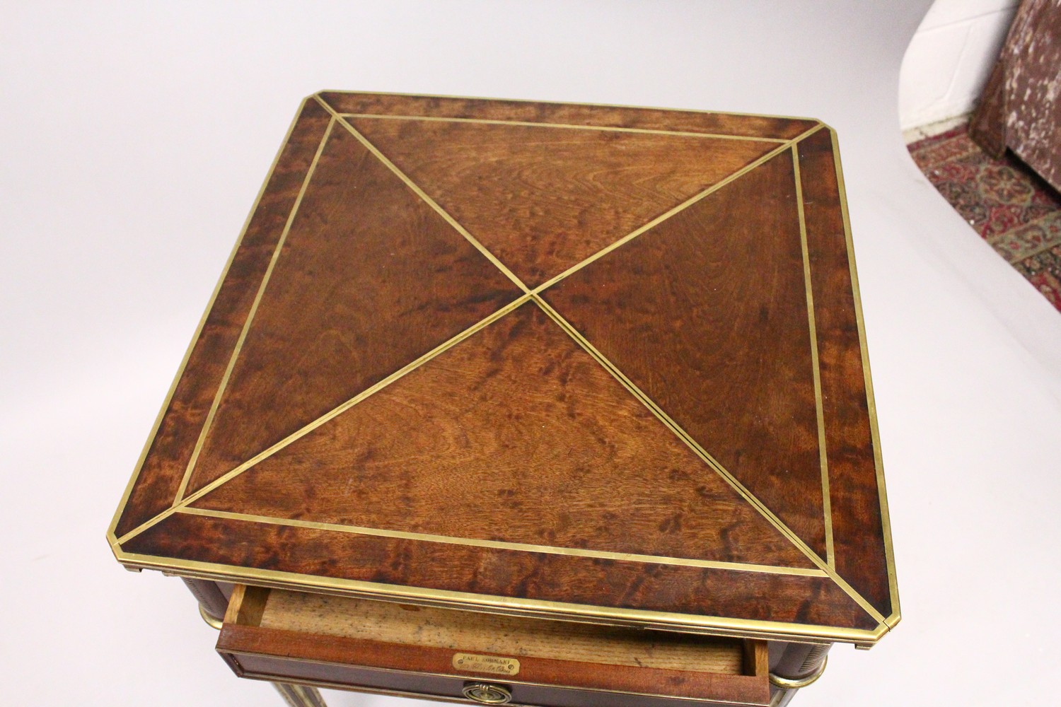 PAUL SORMANI, A GOOD 19TH CENTURY MAHOGANY AND BRASS BOUND ENVELOPE CARD TABLE, with baize lined - Image 5 of 17