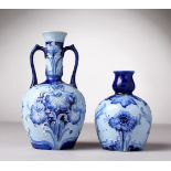 TWO MOORCROFT POTTERY FLORIAN WARE VASES, blue ground. Printed Florian ware mark, WM in green, No.