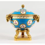 A SUPERB SEVRES CIRCULAR PORCELAIN CENTREPIECE AND LID, with pale blue ground, with vignettes of