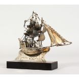 A CONTINENTAL SILVER MODEL OF A THREE MASTED SAILING SHIP, the stand marked with continental and