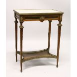 A LATE 19TH CENTURY/EARLY 20TH CENTURY FRENCH MAHOGANY, ORMOLU AND MARBLE SIDE TABLE, with a