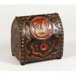 A RENAISSANCE STYLE DOME TOP SMALL CASKET, embossed and painted with birds. 6ins wide.
