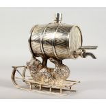 A GOOD PLATED WHISKY KEG, held by a bear on a sledge. 8ins long.