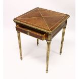 PAUL SORMANI, A GOOD 19TH CENTURY MAHOGANY AND BRASS BOUND ENVELOPE CARD TABLE, with baize lined