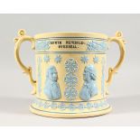 A LARGE 19TH CENTURY GLAZED POTTERY LOVING CUP, with pale blue sprig decoration, impressed EDWIN