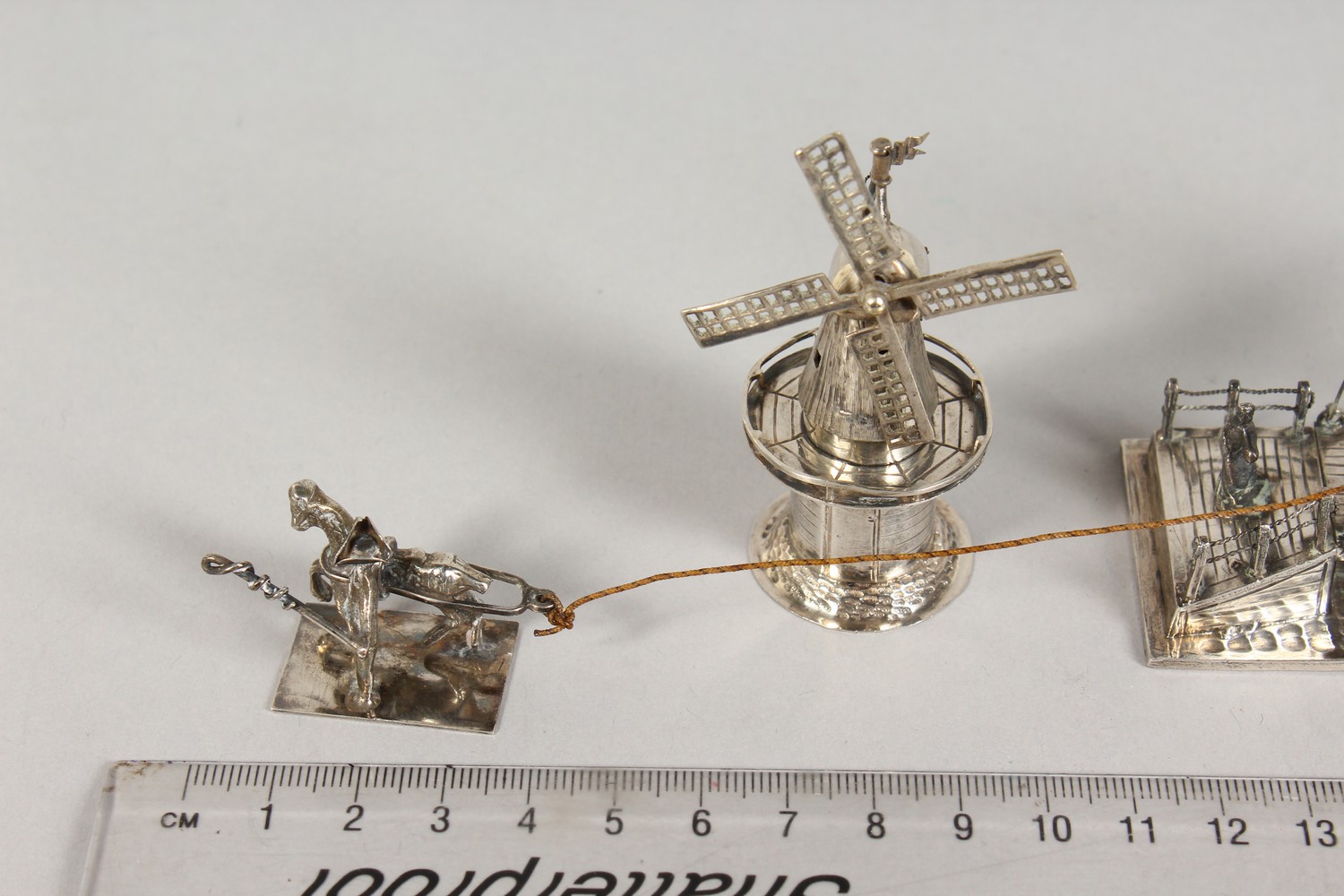 THREE DUTCH SILVER MINIATURE MODELS, a windmill, a drawbridge and a horse drawn barge. Various - Image 17 of 18
