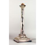 A GOOD LARGE PLATED NEO CLASSICAL STYLE LAMP BASE, with a Corinthian capital, acorn and oak leaf