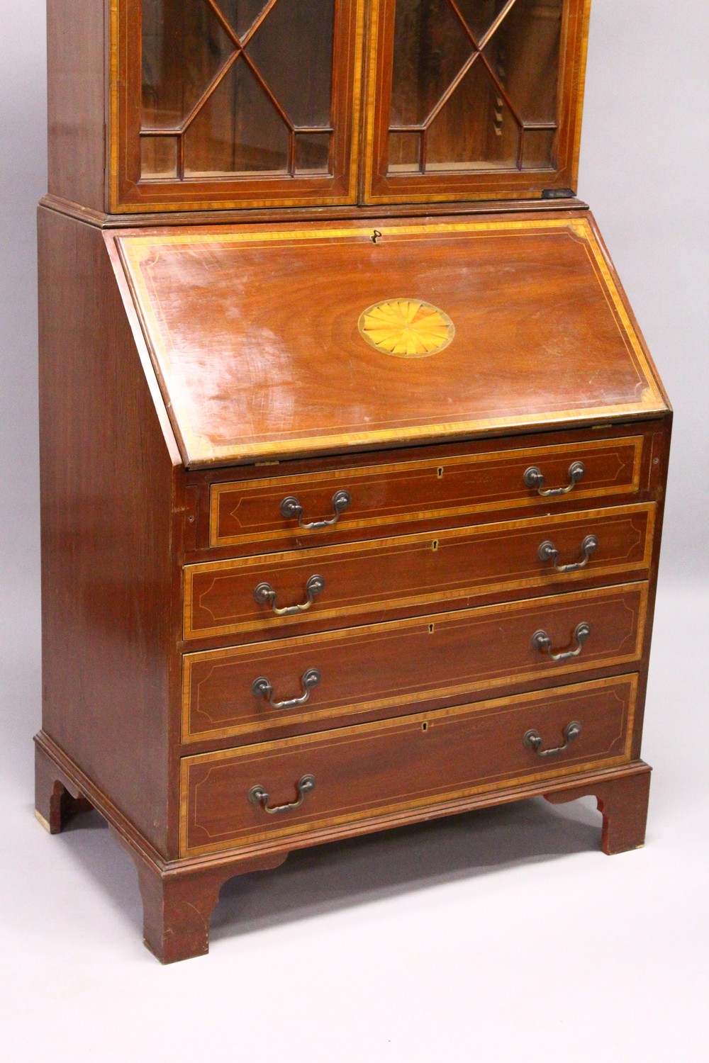 AN EDWARDIAN MAHOGANY AND SATINWOOD INLAID BUREAU BOOKCASE, with swan neck pediment, pair of - Image 2 of 6