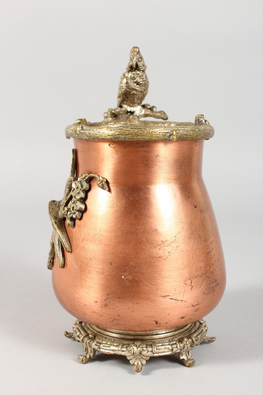 A COPPER VASE, with cast metal mounts, modelled as birds. 8ins high. - Image 4 of 8