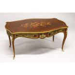 A FRENCH STYLE INLAID MAHOGANY AND ORMOLU MOUNTED COFFEE TABLE.