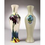 TWO SLENDER MOORCROFT POTTERY VASES. 2000, No. 871 and 2014. 8ins high.