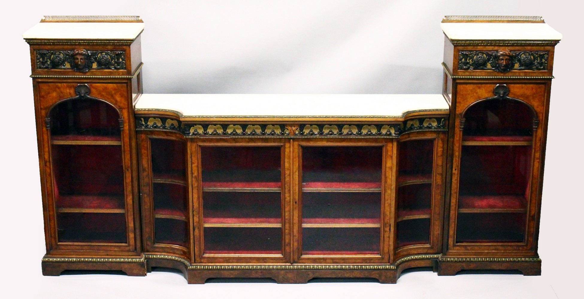 IN THE MANNER OF GILLOW, A SUPERB BURR WALNUT, ORMOLU AND MARBLE BREAKFRONT SIDE CABINET, the centre