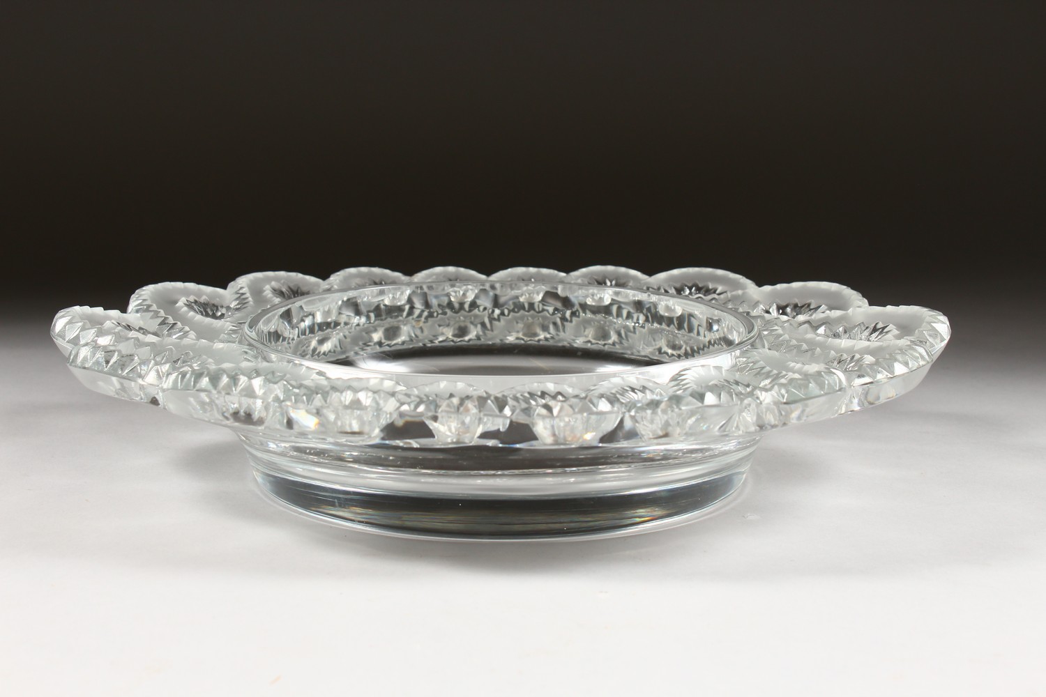 A HEAVY CIRCULAR LALIQUE DISH, with scalloped sides. Etched LALIQUE, FRANCE. 11ins diameter. - Image 7 of 8