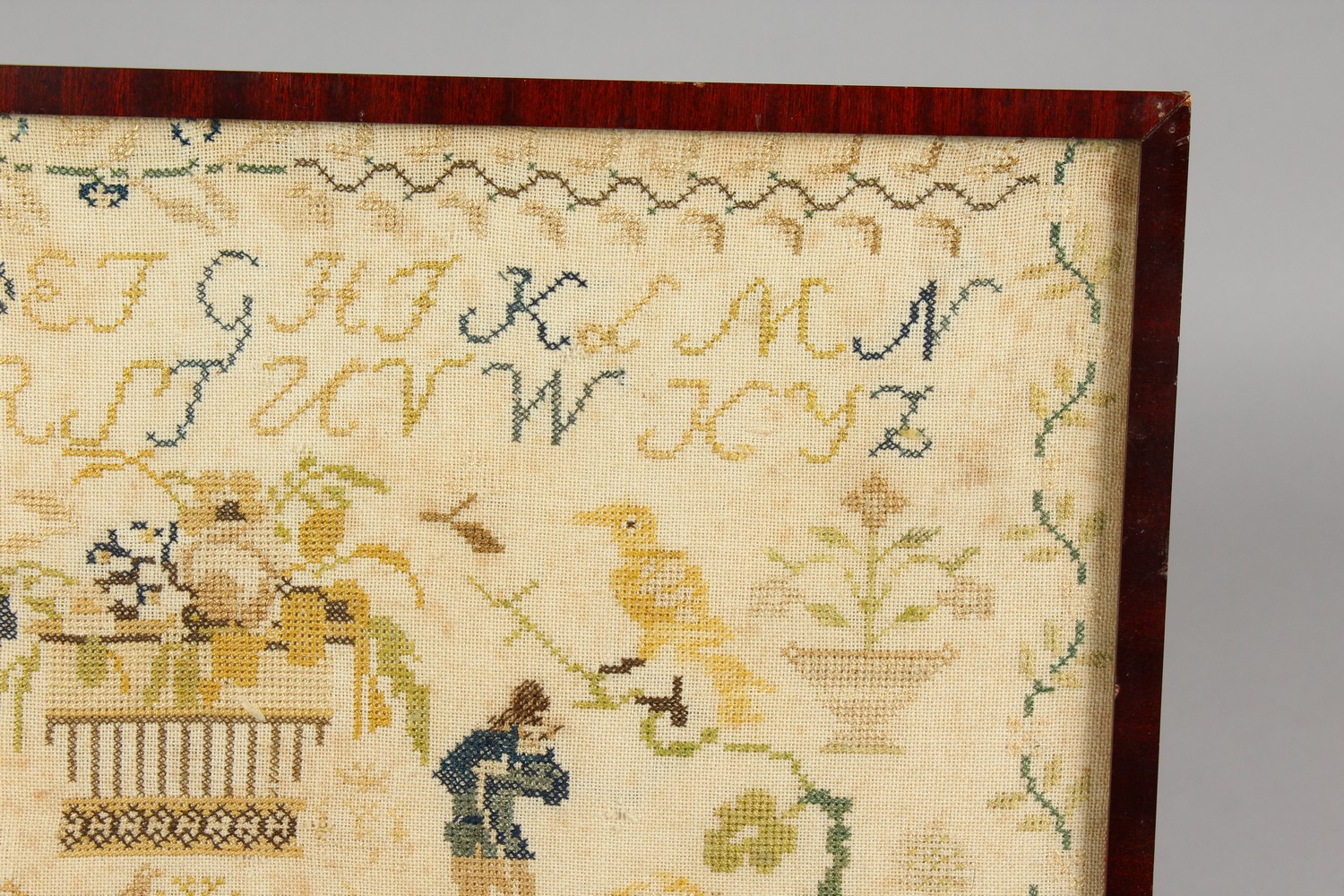 A 19TH CENTURY PICTORIAL ALPHABET SAMPLER, dated 1834, framed and glazed. 14.5ins x 13.5ins. - Image 4 of 8