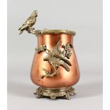 A COPPER VASE, with cast metal mounts, modelled as birds. 8ins high.