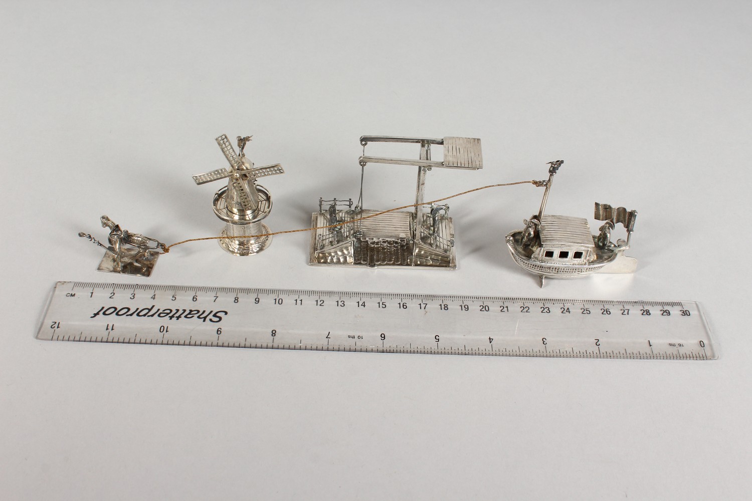 THREE DUTCH SILVER MINIATURE MODELS, a windmill, a drawbridge and a horse drawn barge. Various - Image 16 of 18