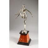 A CHROME PLATED BRONZE ART NOUVEAU STYLE FIGURE, on a marble base.