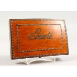 A SATINWOOD FRENCH "ECARTE" CARD BOX, with cut steel studded decoration. 6.75ins wide.