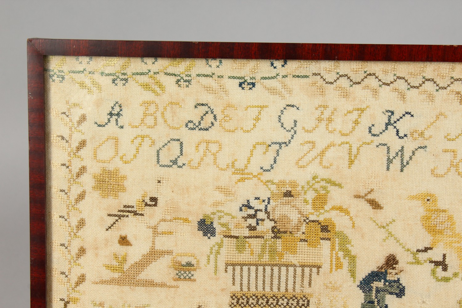 A 19TH CENTURY PICTORIAL ALPHABET SAMPLER, dated 1834, framed and glazed. 14.5ins x 13.5ins. - Image 3 of 8