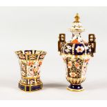 A ROYAL CROWN DERBY JAPAN PATTERN TWO-HANDLED VASE AND COVER, 8ins high, and A SPILL VASE, 4ins high