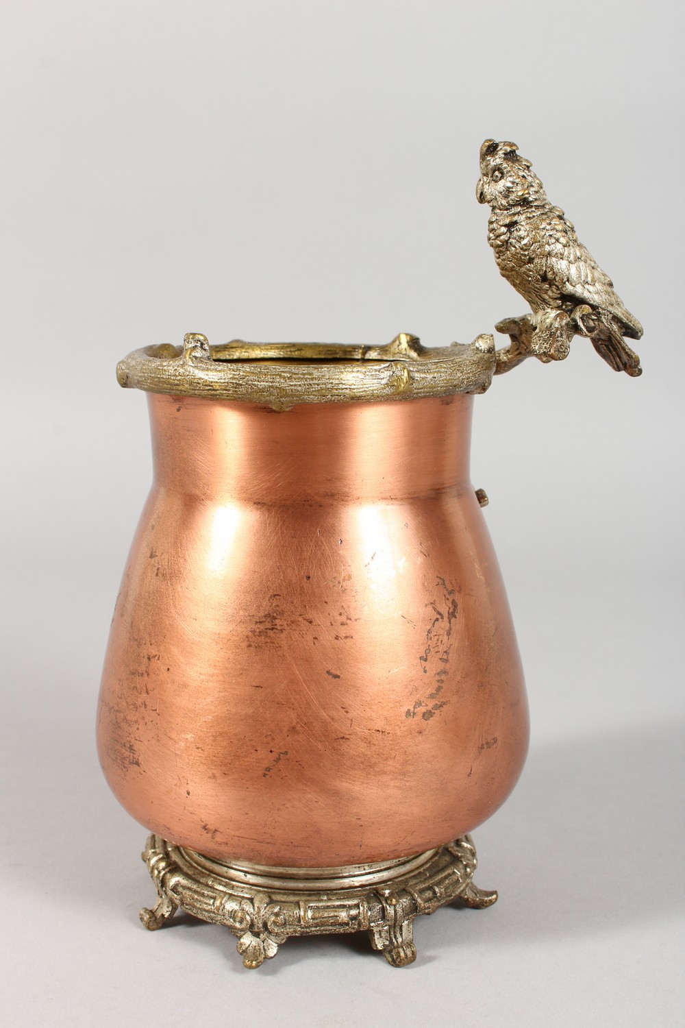 A COPPER VASE, with cast metal mounts, modelled as birds. 8ins high. - Image 5 of 8