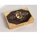 A VERY GOOD RUSSIAN GOLD AND TORTOISESHELL BOX, with oval citrine and diamonds, in a Faberge bo