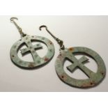 TWO BYZANTINE BRONZE OPENWORK DISCS with central cross. 5.75ins diameter.