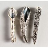 THREE SILVER POSY HOLDER BROOCHES.