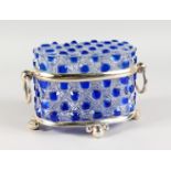 A VERY GOOD BOHEMIAN BLUE TINTED OVAL BISCUIT BARREL AND COVER, with plated mounts and ring