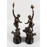 A PAIR OF CLASSICAL SPELTER FIGURES, on circular wooden bases. 18.5ins high.