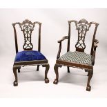 A GOOD SET OF EIGHT CHIPPENDALE STYLE MAHOGANY DINING CHAIRS, TWO WITH ARMS, all profusely carved,