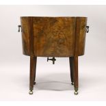 A GEORGE III MAHOGANY OVAL WINE COOLER, with brass handles, tapering square legs with brass castors.