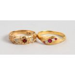 TWO VICTORIAN 18CT AND 9CT GOLD, RUBY AND DIAMOND RINGS.