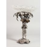 A GOOD SMALL SILVER PLATE COMPORT, with cut glass bowl , on a stand modelled as Robinson Crusoe with