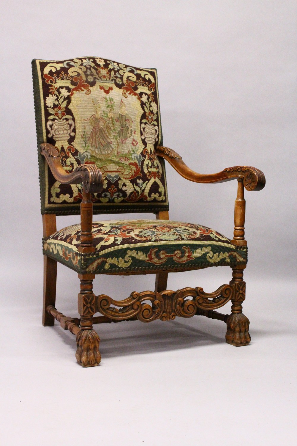 A 19TH CENTURY CARVED BEECH FRAMED ARMCHAIR, with tapestry upholstery. - Image 2 of 7