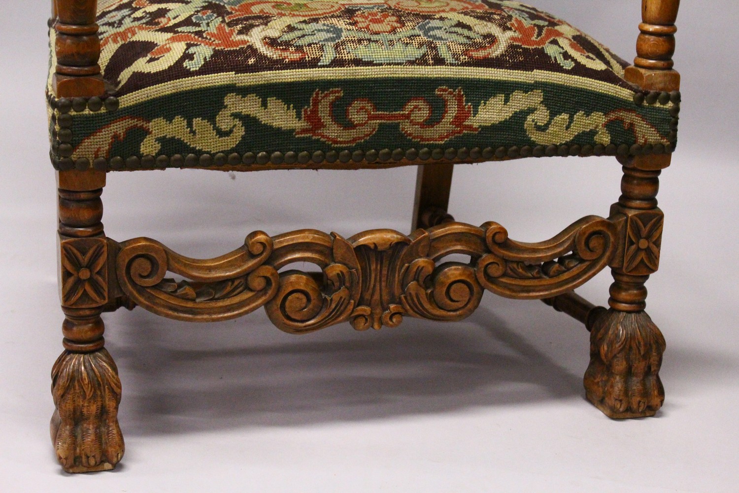 A 19TH CENTURY CARVED BEECH FRAMED ARMCHAIR, with tapestry upholstery. - Image 3 of 7