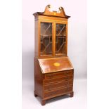 AN EDWARDIAN MAHOGANY AND SATINWOOD INLAID BUREAU BOOKCASE, with swan neck pediment, pair of