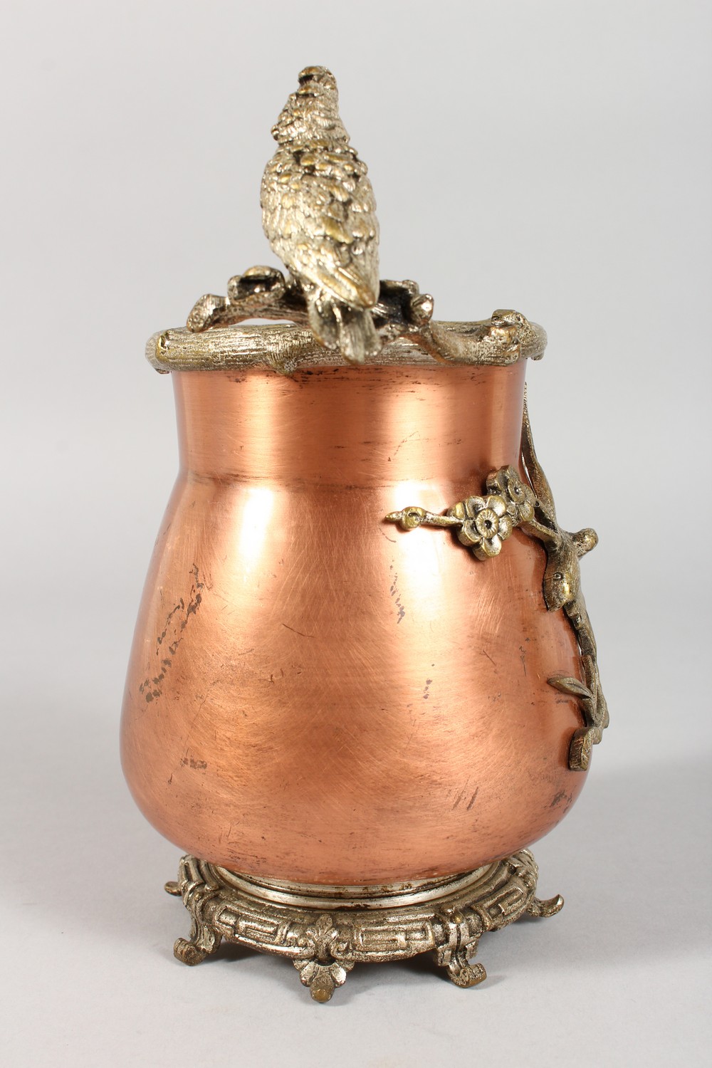A COPPER VASE, with cast metal mounts, modelled as birds. 8ins high. - Image 6 of 8