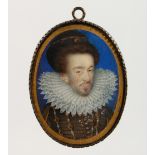 ATTRIBUTED TO NICHOLAS HILLIARD (1547-1619) ENGLISH Portrait head and shoulders of a man, beard,