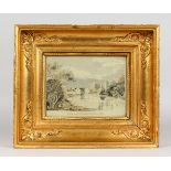 A 19TH CENTURY PAINTING ON SILK "SOUTH WEST VIEW OF WESTGATE CANTERBURY", in a gilt frame. Frame: