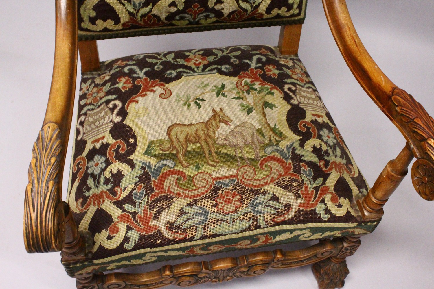 A 19TH CENTURY CARVED BEECH FRAMED ARMCHAIR, with tapestry upholstery. - Image 6 of 7