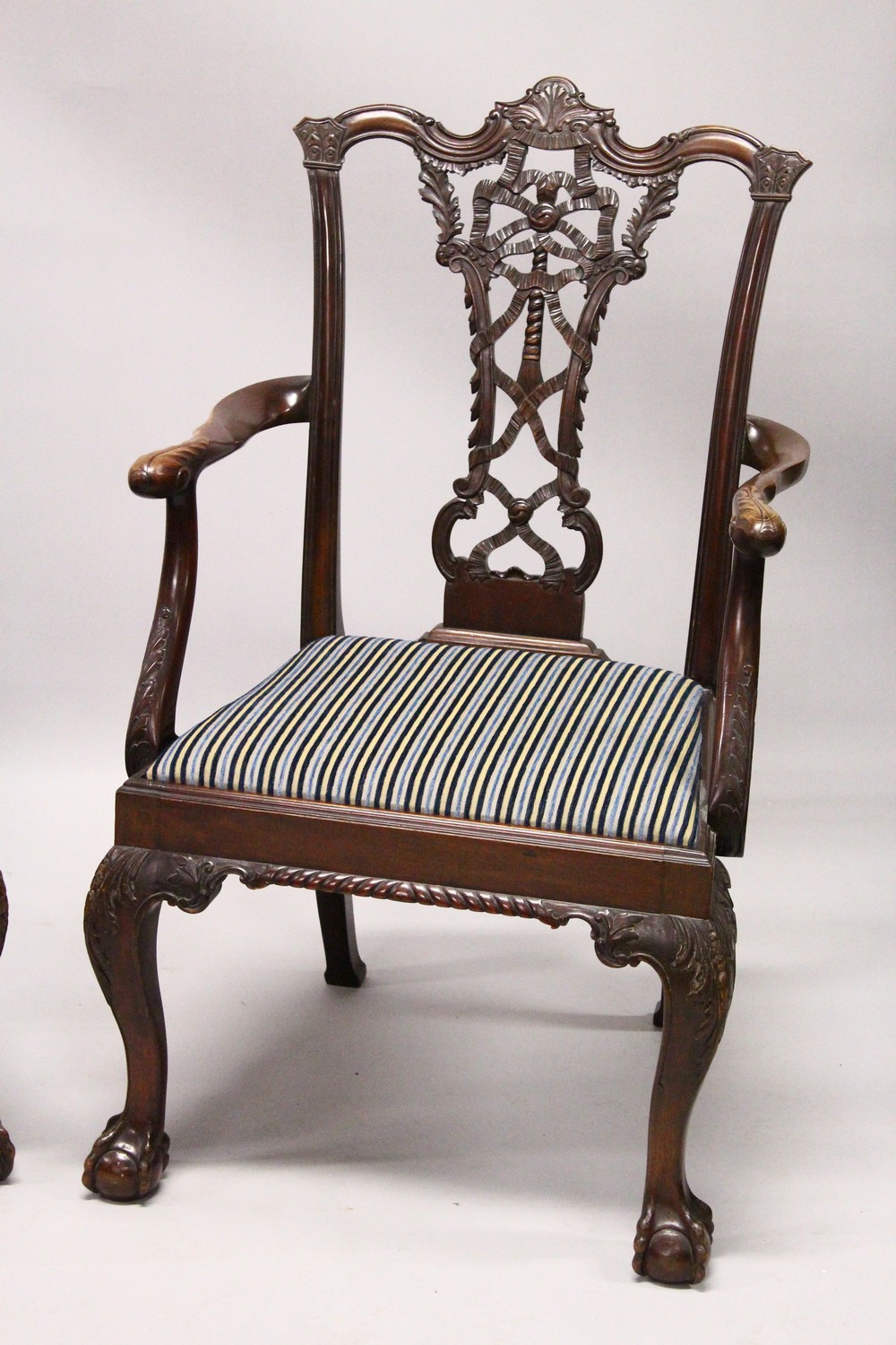 A GOOD SET OF EIGHT CHIPPENDALE STYLE MAHOGANY DINING CHAIRS, TWO WITH ARMS, all profusely carved, - Image 3 of 5