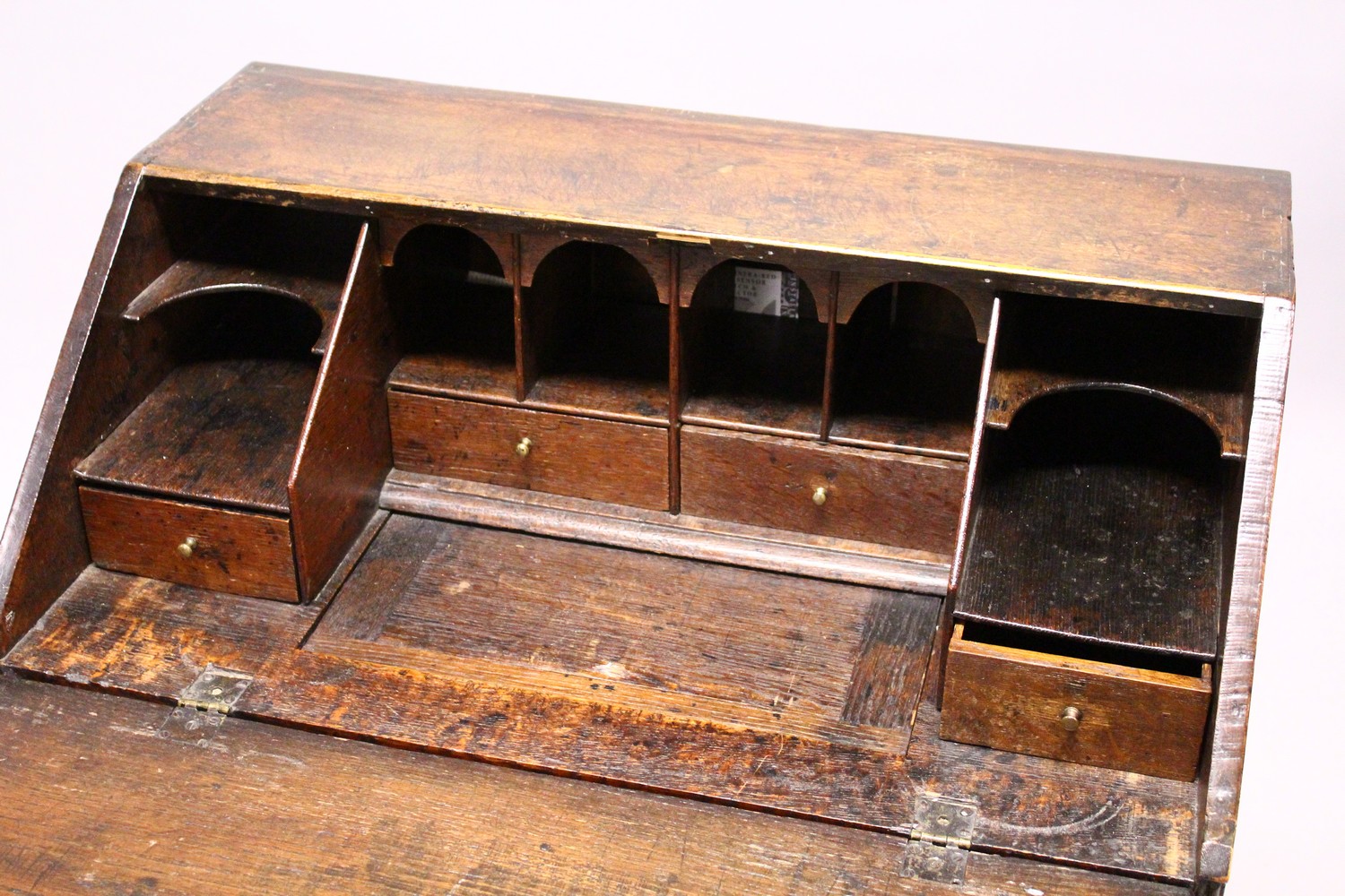 A GOOD SMALL 18TH CENTURY BUREAU, with fall front, fitted interior with well, two short and two long - Image 9 of 12