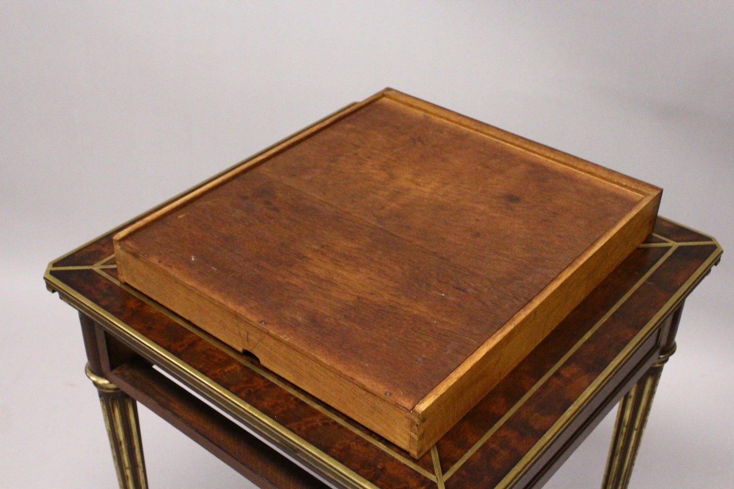 PAUL SORMANI, A GOOD 19TH CENTURY MAHOGANY AND BRASS BOUND ENVELOPE CARD TABLE, with baize lined - Image 15 of 17