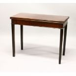 A GEORGE III MAHOGANY RECTANGULAR FOLD-OVER CARD TABLE, on moulded square legs. 3ft 1ins wide x