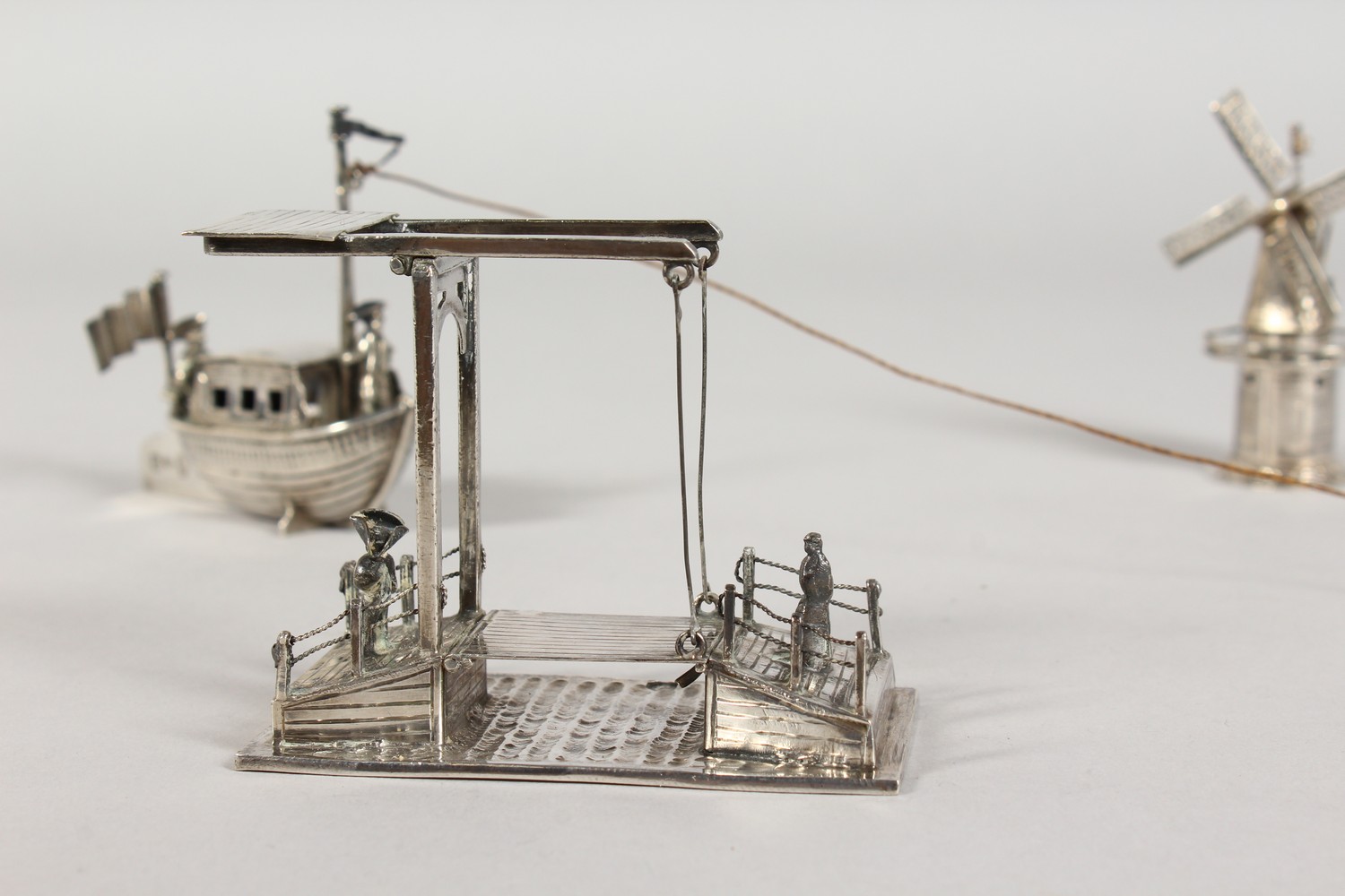 THREE DUTCH SILVER MINIATURE MODELS, a windmill, a drawbridge and a horse drawn barge. Various - Image 3 of 18