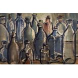 Roger Hill (19th - 20th Century) British. "Bottles", Watercolour and Ink, Inscribed on a label on