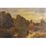 William Langley (act.1880-1920) British. "Netley Mill, Shire, Surrey", an Open River Landscape, with