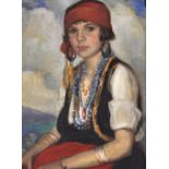 19th Century Irish School. Portrait of a Seated Gypsy Lady, Half Length, Oil on Canvas, Indistinctly